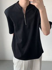 Threebooy  Men's Half-zip Collar Padded Shoulder Short Sleeve T-shirt Summer Thin Trendy Brand Bad Boy American Style POLO Shirt