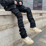 Threebooy Heavy Industry Hole Frayed Destruction Waxed Jeans Mens High Street Retro Straight Ripped Pencil Pants Oversize Denim Trousers