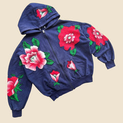 Threebooy Harajuku New Flowers Pattern Patchwork K Pop Clothes Hoodies Women Blue Retro Goth Sweatshirt Hoodie Casual Loose Zipper Hoodies