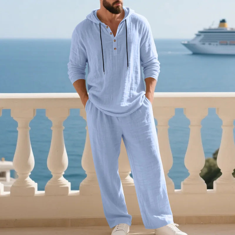 Threebooy  Men's Linen Hooded Sets 2 Piece Outfit Summer Casual Long Sleeve Hoodie and Wide Leg Pants Set for Men