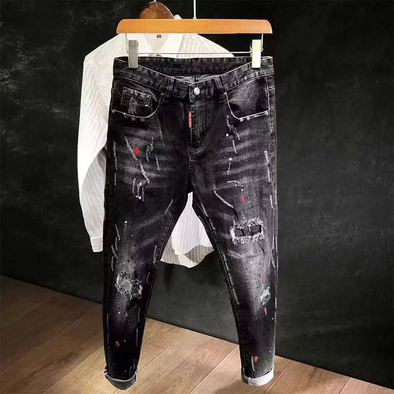 Threebooy  Men's Slim Fit Jeans Spring Autumn Distressed Casual Long Pants Low Waist Zipper Closure Polyester Fiber Youth Fashion
