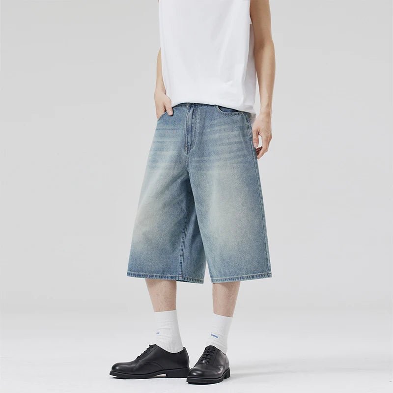 Threebooy  Oversized Baggy Men's Denim Shorts Summer Fashion Retro Casual Loose Wide-leg Calf-length Jeans Harajuku Y2K Streetwear
