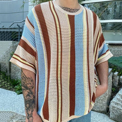 Threebooy Summer New Mens Fashion Knit Pullover Top Male Casual Loose Short Sleeve O Neck Knitted Tee Men Trendy Patchwork Striped T-shirt