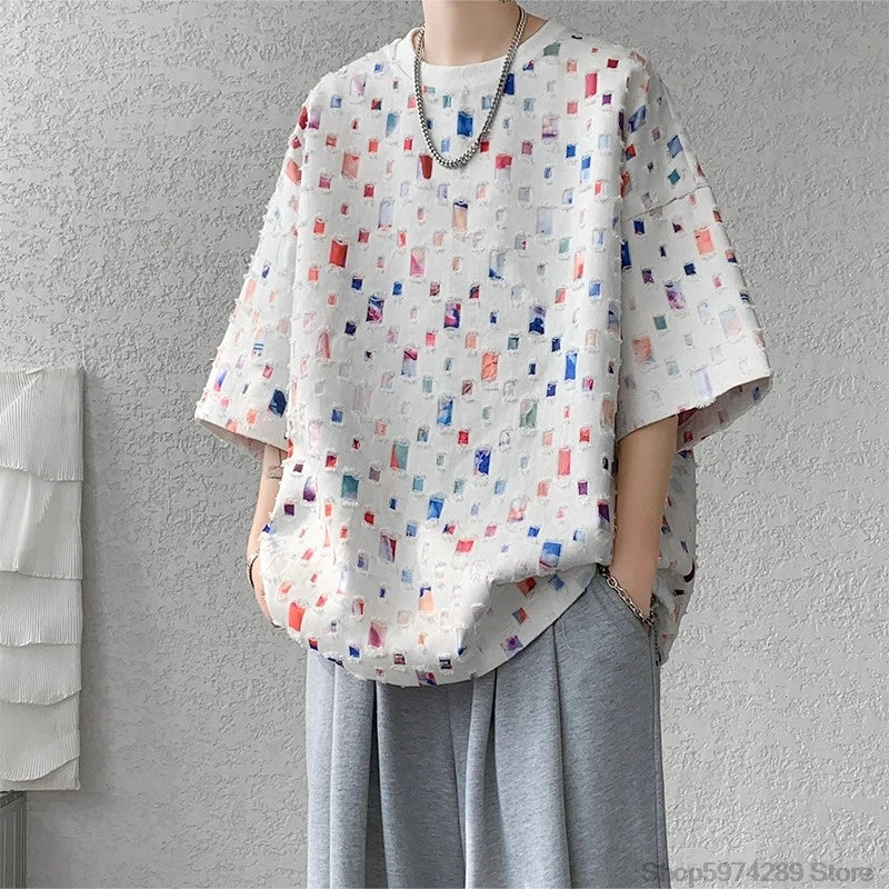 Threebooy Summer Short Sleeved T-shirt Men Fashion Hollow Out Oversized Plaid T Shirt Men Streetwear Hip Hop Loose Casual Tshirt Male 5XL