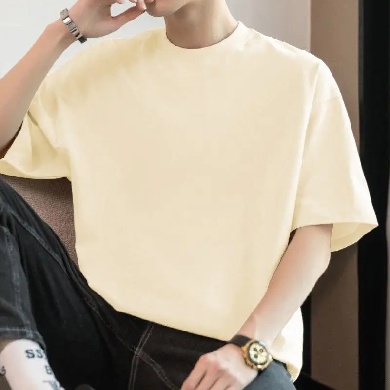 Threebooy  American Heavy Short-sleeved T-shirt Men's Round Neck Summer Solid Color Trendy Loose Half-sleeved Base Shirt