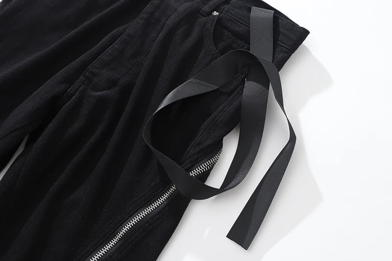 Threebooy Harajuku Sashes Zipper Decorate Vibe Style Black Cargo Pants for Men High Street Straight Casual Baggy Oversized Unisex Trousers