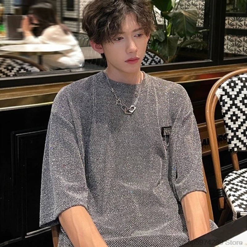 Threebooy New Summer Stylish Bright TShirt Men Tops Shiny Loose Short Sleeve T-shirt High Street Aesthetic Harajuku Women Tshirt