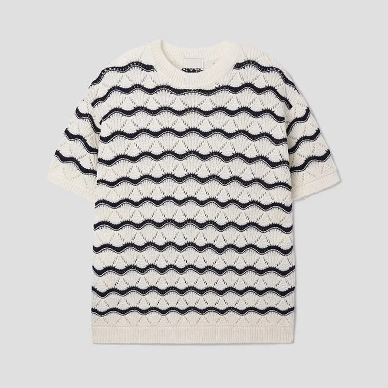 Threebooy  2025 Summer Men's Knit Jacquard Short Sleeve T-shirts Striped Hollow Out Casual Tshirts New Y2K Vintage Streetwear Tee Tops