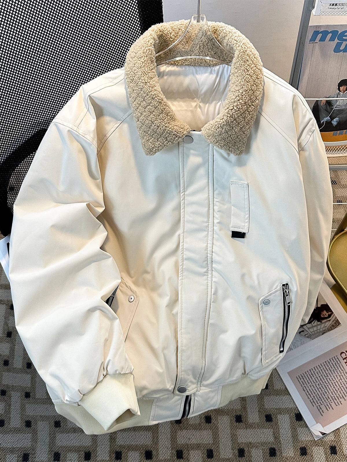 Threebooy Japanese Solid Workwear Padded Coat Winter Loose Trend Splicing Imitation Lamb Fleece Collar Cotton Jacket Casual Lapel Coat