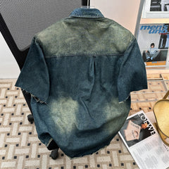 Threebooy  American-style Ripped Denim Jacket Shirt Men Summer Wear Cool Stylish Short-sleeved Contrast Color Male Shirts