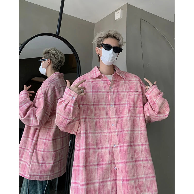 Threebooy Autumn Fashion Men Women Plaid Shirts Oversize Button Up Long Sleeve Tops Korean Loose Casual Outwear Couples Shirt Pink/Blue