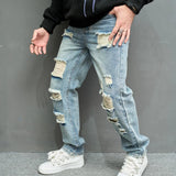 Threebooy New Simple Men Loose Ripped Straight Jeans Pants Male Streetwear Stylish Casual Denim Trousers