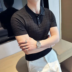 Threebooy  Stretch Slim Polo Shirts Summer Solid Color Casual Lapel Short Sleeve Plaid T-Shirt Brand Men's Clothing Knit Polo Shirts