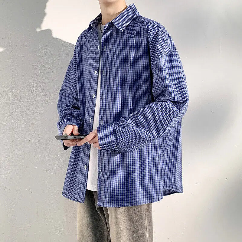 Threebooy Plaid Shirts for Men Student shirt Youth workwear Mens Calssic long shirt Spring Korean Clothes casual Streetwear