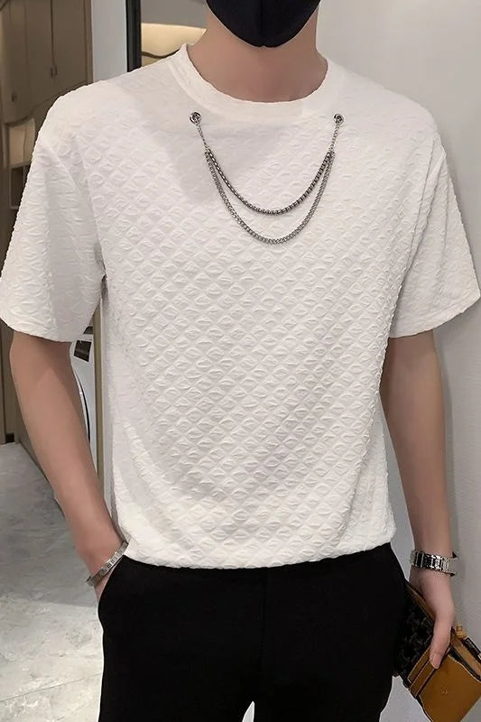 Threebooy Summer Men's Solid Color Round Neck T-shirts Necklace Decorate Bottomed Shirt Short Sleeve Tshirts White/black T Shirts
