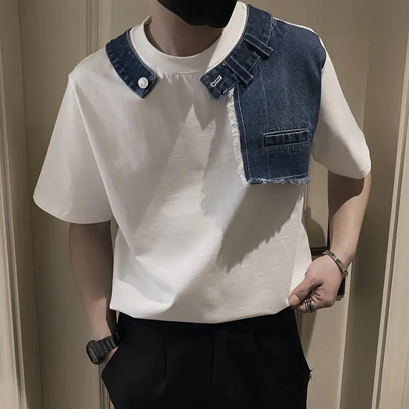 Threebooy  Men Trendy Vintage Denim Patchwork Design Tees Summer Short Sleeve Luxury Chic T Shirt Casual Round Neck Loose Tops Ropa Hombre