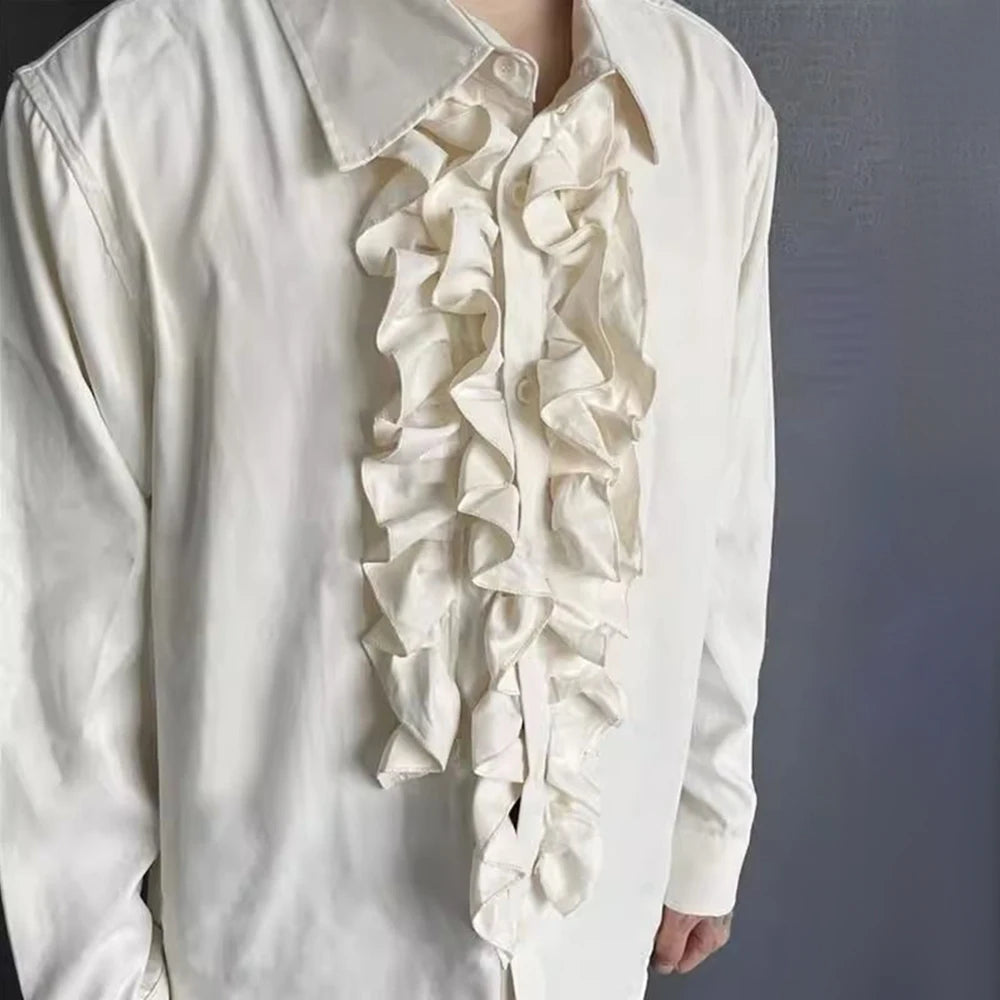 Threebooy Mens Palace Style Ruffled Long-Sleeved Shirt 2024 New Genderless Medieval Pleated Loose Retro Solid Color Stage Clothing Unisex