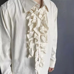Threebooy Mens Palace Style Ruffled Long-Sleeved Shirt 2024 New Genderless Medieval Pleated Loose Retro Solid Color Stage Clothing Unisex