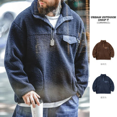 Threebooy Casual Half-breasted Fleece Hoodies  Winter Navy Blue Warm Pullover Jacket Outdoor Oversize Workwear Thermal Outwear