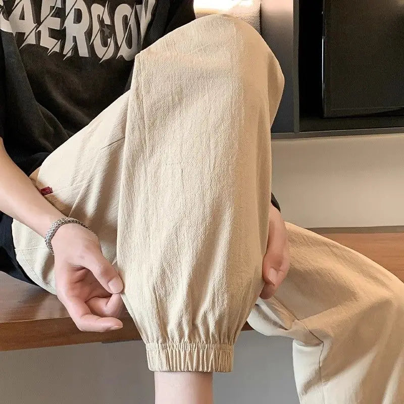Threebooy  Men's Casual Pants Summer Thin Fashion Loose Casual Pants Drawstring Cotton Linen Sweatpants Cropped