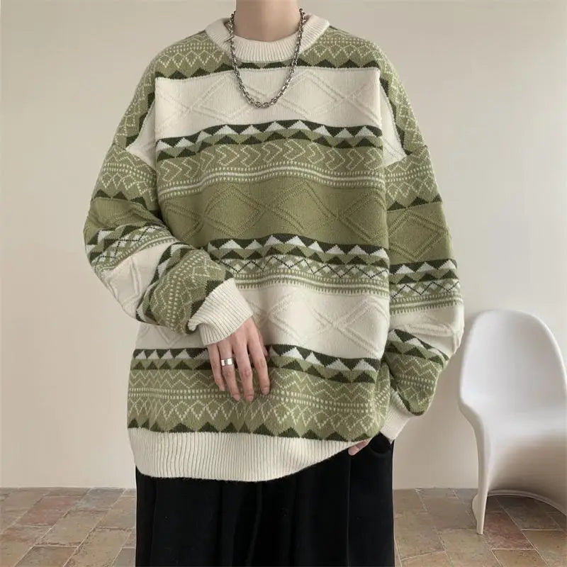 Threebooy Autumn and Winter Round Neck Sweater for Men Casual Trendy Brand Streamer Lazy Style Contrast Striped Knitted Sweater