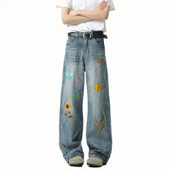 Threebooy Jeans Men Washed Embroidered Jeans Loose Fit Straight Wide Leg Casual Denim Pants Fashion Trendy Streetwear Trousers Comfort
