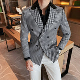 Threebooy Men's Double-Breasted Business Casual Suit Jacket with Plaid Patchwork Design, Men Blazer Slim Fit , Blazer Verde Hombre