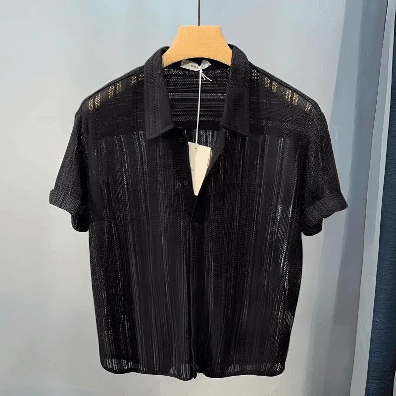 Threebooy  New High-End Hollow Design Men's Summer Thin Short-Sleeve Shirt - Lapel Casual Top