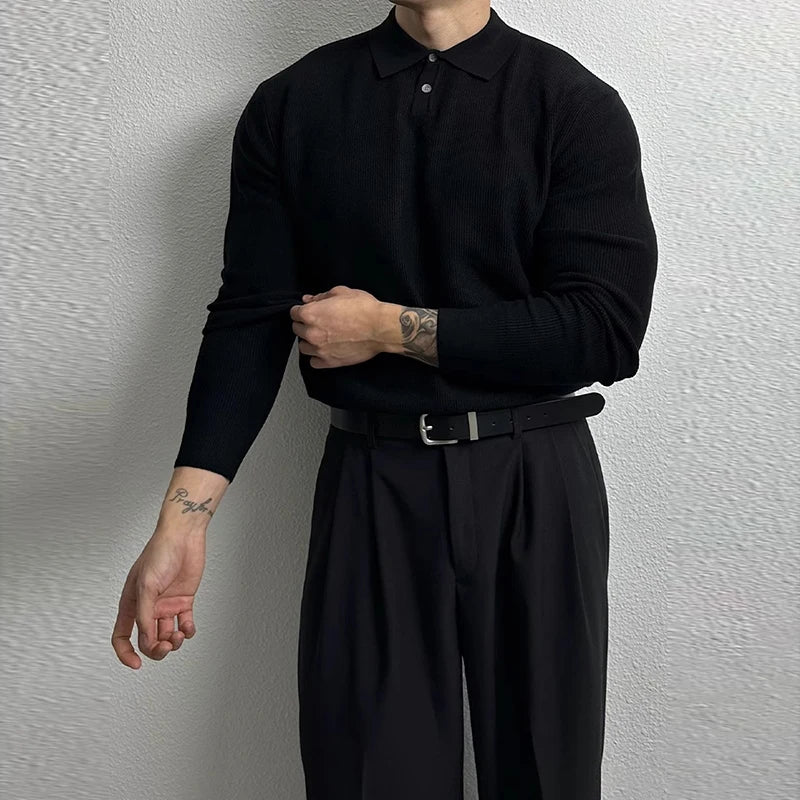 Threebooy  New Korean Fashion Men Polo Sweater Light Luxury Knitted Solid Color Long Sleeve Pullover Premium Quality Skin-friendly Knitwear