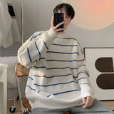 Threebooy Knit Sweater Male White Pullovers Turtleneck Striped Men's Clothing High Collar Black Overfit Classic Y2k Streetwear Winter 2024