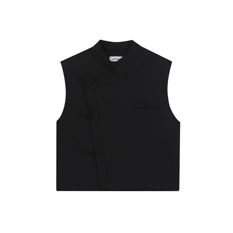 Threebooy 2024 Spring Round Collar Male Vest Chinese Style Button Solid Color Sleeveless Vests Trendy Men's Clothing Niche Design