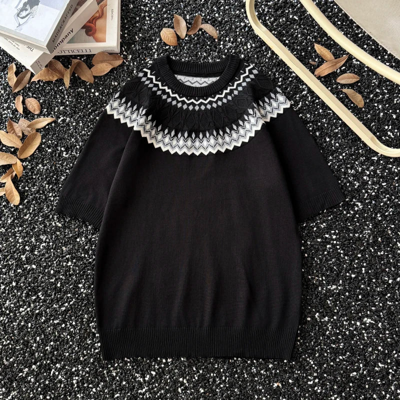 Threebooy American Retro Knitted Shirt Unisex Short-sleeved Pullover Men's Korean Summer High-end Twisted T-shirt Front Shoulder Sweater
