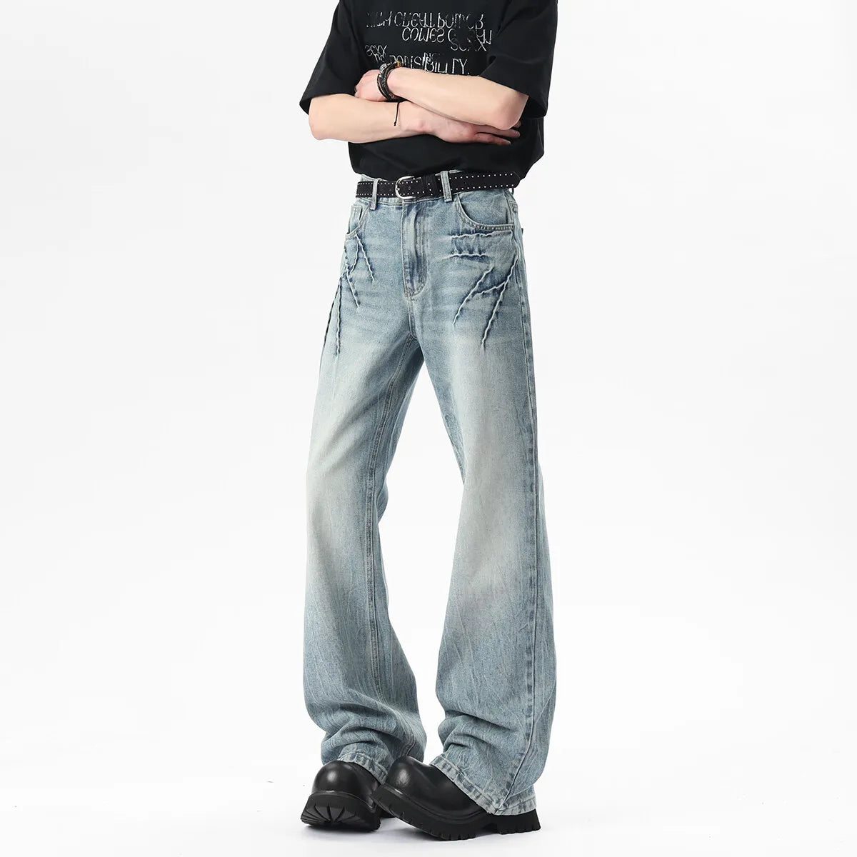 Threebooy  New Bootcut Jeans men Vintage Washed Distressed Wrinkle Crinkle Design Comfort Women Men Fashion Denim man Trousers