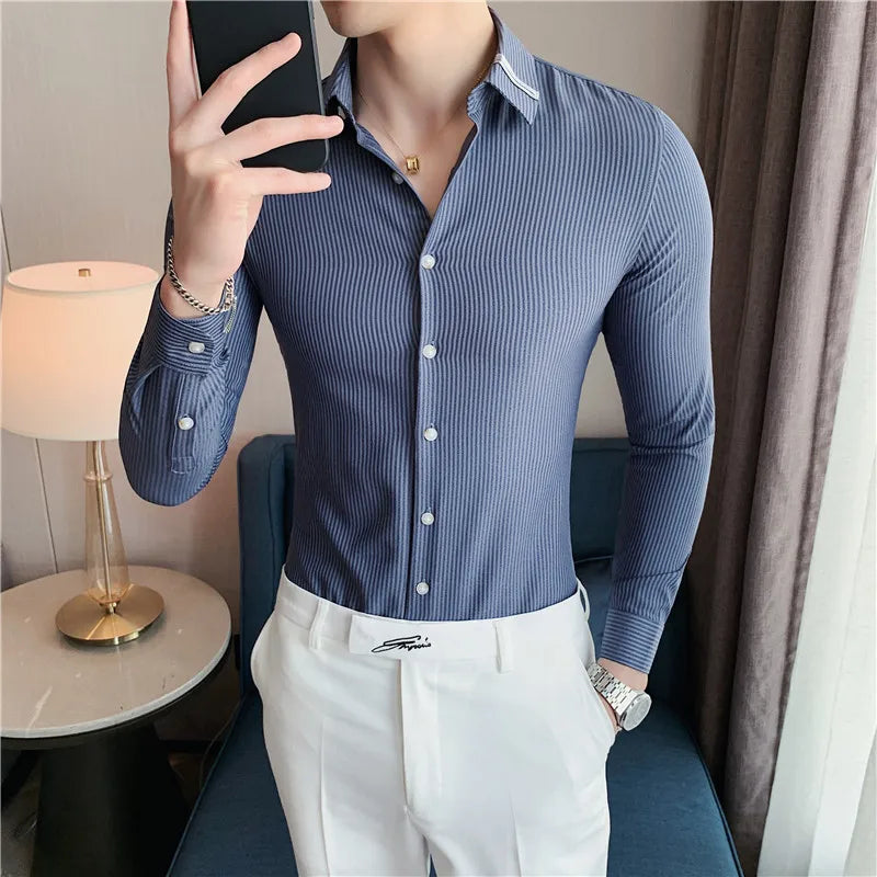 Threebooy  Cheap Business Men Shirt Brand Fashion Long Sleeve Shirt Men All Match Slim Fit Striped Shirts Men Formal Wear Blouse Homme