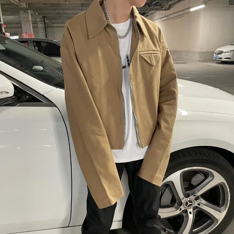 Threebooy Short Lapel Jacket Men's Spring Autumn Vintage Handsome High Street Jacket Men Women's Versatile Preppy Zipper Up Coat