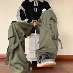 Threebooy  Green Cargo Pants Men Oversize Zipper Black Cargo Trousers Male Streetwear Hip Hop Pocket Spring Loose Casual Workwear