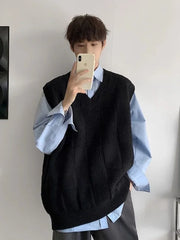 Threebooy Sleeveless Knitted Sweaters for Men Black V Neck Waistcoat Man Clothes Vest 100 Pure Cashmere X S Wool Japanese Harajuku Fashion
