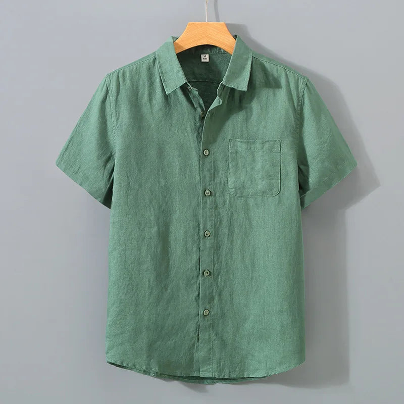 Threebooy Men's Summer Pure Linen Short Sleeved Shirt Chinese Style Casual Breathable Elegant Men Blouse
