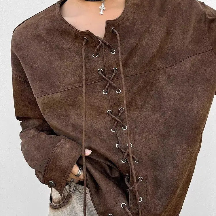 Threebooy Drawstring Double-breasted Shirt Back Fly Design Top American Retro Brown Motorcycle Leather Jacket Women Men's Jacket