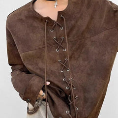 Threebooy Drawstring Double-breasted Shirt Back Fly Design Top American Retro Brown Motorcycle Leather Jacket Women Men's Jacket