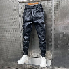 Threebooy Winter Velvet Leather Pants Unisex Thick Casual Pants Trendy PU Leather Tying Pants Streetwear New Motorcycle Trousers