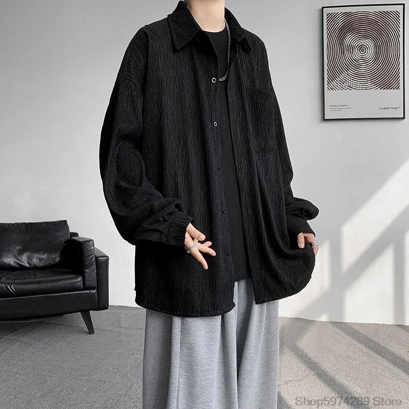Threebooy High Quality Long Sleeve Ice Silk Shirts Men Loose Daily Casual Single Breasted Popular Streetwear Male Spring Autumn Harajuku