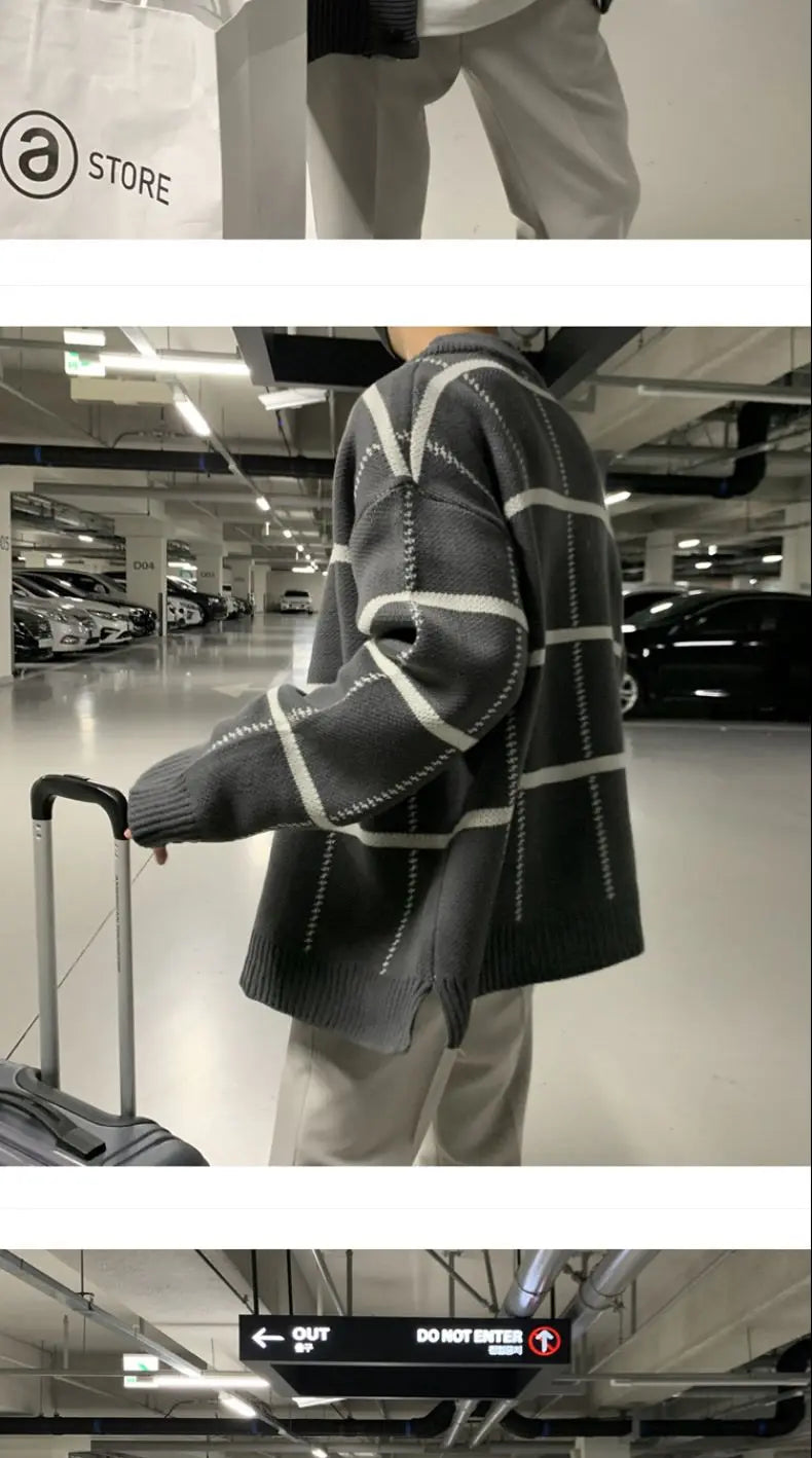 Threebooy Trendy Cardigan Men's Korean Version British Checkered Striped Sweater Men's V-neck Sweater Jacket