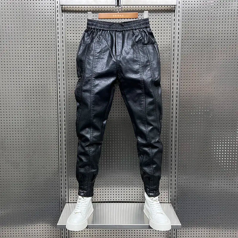 Threebooy Winter Velvet Leather Pants Unisex Thick Casual Pants Trendy PU Leather Tying Pants Streetwear New Motorcycle Trousers