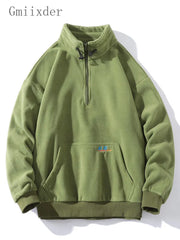 Threebooy Half-zip Hoodless Sweatshirt Autumn Winter Stand-up Collar Shirt Oversize Velevet Tops Lovers Trend Polar Fleece Jacket