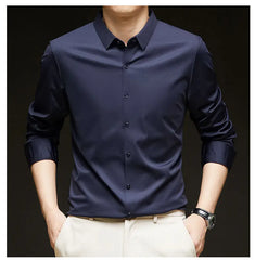 Threebooy  Men's Social Shirt, Solid Color Business Slim Fit Formal Long Sleeved Shirt, High-quality Stretch Seamless Dress, Workwear Top