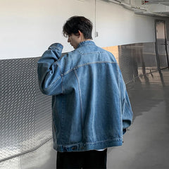Threebooy  New High Street Men's Zip-up Denim Jackets Casual Washed Streetwear Stand Collar Texture Korean Harajuku Retro Long Sleeve Coats