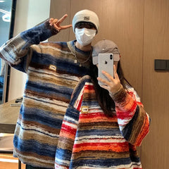 Threebooy 2024 New Vintage Clashing Stripe Sweater Neutral Wind Trend Loose Couple Knitted Pullovers Round Neck Men Jumper