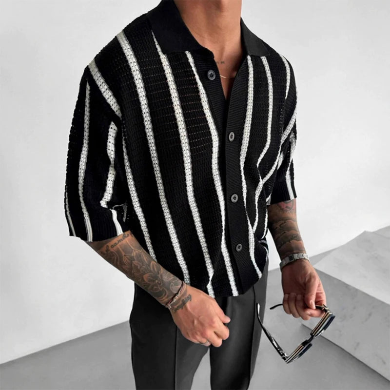 Threebooy  New British Business Men Striped Polo Shirt Light Luxury Hollow Out Knit Short Sleeve  T-shirts Loose Breathable Knitwear S-2XL