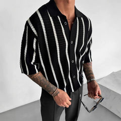 Threebooy  New British Business Men Striped Polo Shirt Light Luxury Hollow Out Knit Short Sleeve  T-shirts Loose Breathable Knitwear S-2XL